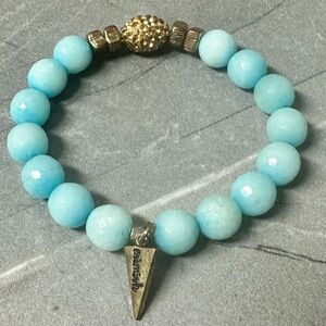 ERIMISH Blue Glass Beaded Stretch Bracelet with Gold Accents